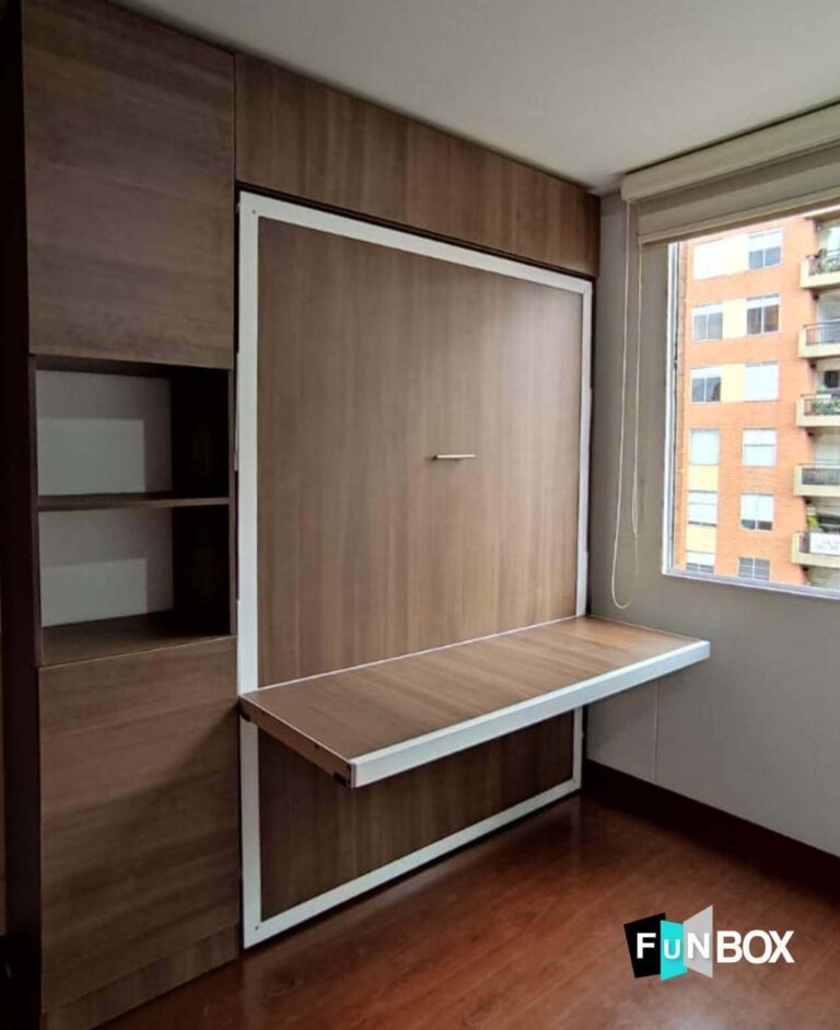 cama abatible vertical con escritorio y almacenamiento superior y lateral colombia